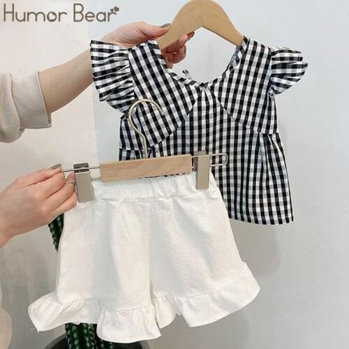 Humor Bear Baby Girl Clothes Summer Children Clothing Flying Sleeveless Tops+White Shorts 2Pcs Plaid 2020 New Kids Clothing