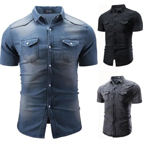 Fashion Lapel Denim Jeans Jacket 2021 Designer Short-sleeved Mens Blue Slim and Old Washed Denim Shirt Plus Size Jacket 3XL