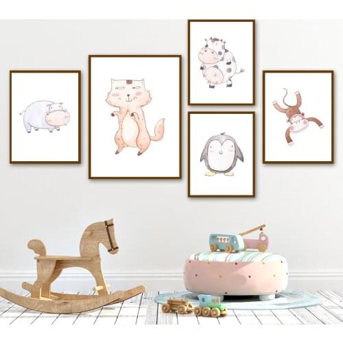 Cute Pig Monkey Squirrel Cat Hippo Cow Giraffe Wall Art Canvas Painting Nordic Posters And Prints Wall Pictures Kids Room Decor