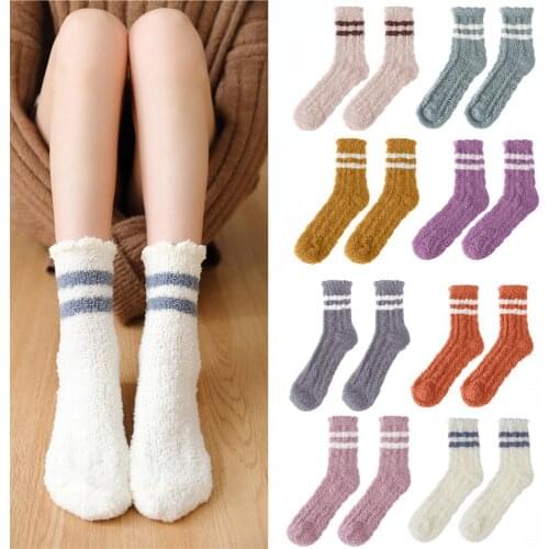 Christmas gift Thickening Plush Soft Candy Color Stripe Sox Coral velvet socks Sleep Bed Sock