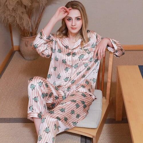 Silk Pajamas Womens Spring and Autumn 100% Mulberry Silk Elegant Printing Suit Home Service Long-Sleeved Silk Womens Suit