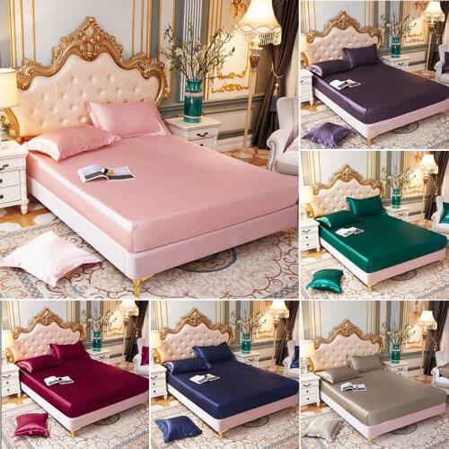 High-End Imitation Silk Satin Fitted Bed Sheet Set Queen Size Soft Skin-friendly Elastic Band Bedsheet Pillowcase Mattress Cover