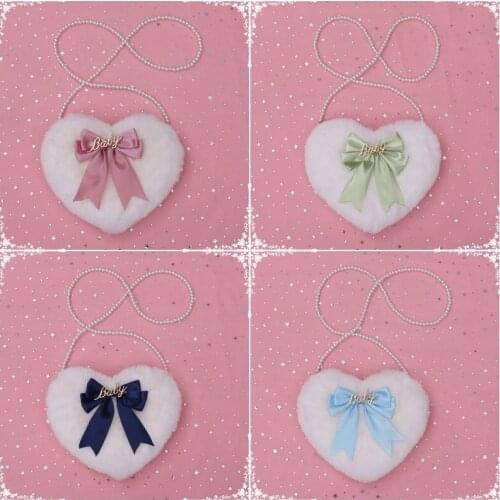Women Girl Lolita Shoulder Bag Plush Bow tie Heart Shape Cross Body