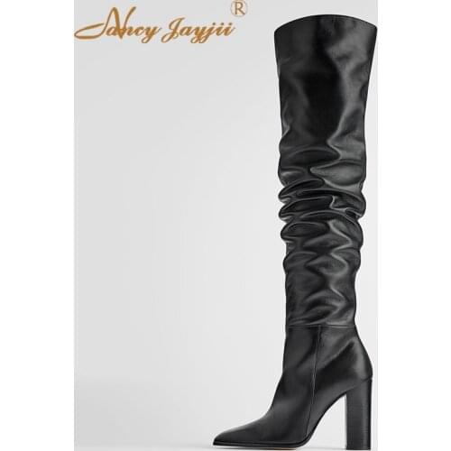 Womens Shoes Black Adult Boots Knee - High Thick with Solid Round Head Mature Set Wear Party Dress Winter Nancyjayjii 2019
