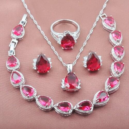 Silver Plated Jewelry Sets Rose Red Zirconia Womens Engagement jewelry Bracelet Necklace Pendant Earrings Ring YZ0257