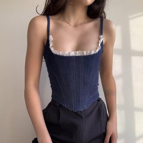 Sexy Lace Trim Denim Cami Top Women Back Zipper Backless Cropped Bustier Corset Elegant Lady Women Streetwear Summer Jeans Vest