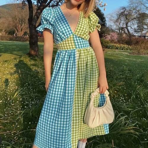 Plaid Color Matching Folds Womens Midi Dress Fashion Autumn V-Neck Puff Sleeve Mixi Dresses Sweet Lady Party Vacation Clothing