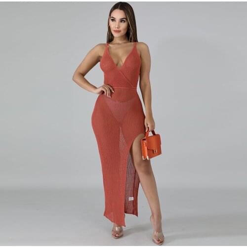Side High Split Ribbed Knitted Beachwear Dress for Women Deep V Neck Sleeveless See Through Dress Summer See Through Vestidos