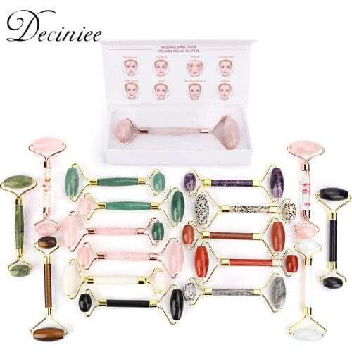 16 Types Jade Stone Roller with Box Rose Quartz Natural Crystal Stone Massager for Face Lift Up Slimming Thin Chin for Neck Body