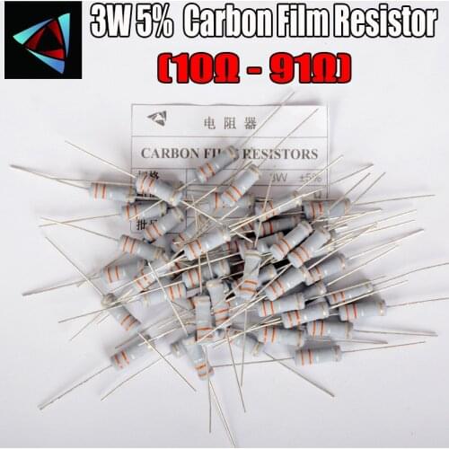 10pcs 3W Carbon Film Resistor 5% 1R ~ 1M 10R 12 15 18 20 22 24 27 30 33 36 39 43 47 51 56 62 68 75 82 91 ohm