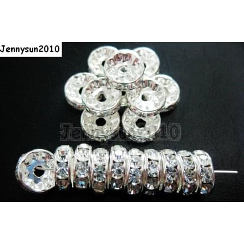 200pcs/lot 8mm Top Quality Czech Crystal Clear Rhinestone Pave Rondelle Metal Silver Plated Spacer Loose Beads Jewelry Making