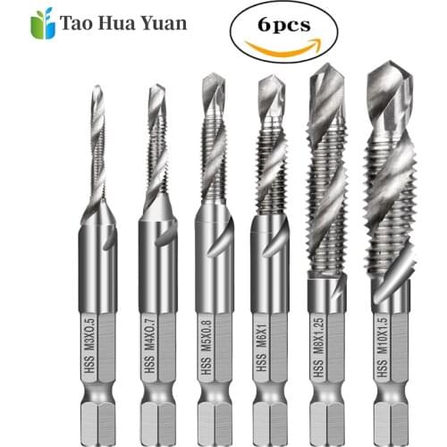 6pcs/set 1/4'' Hex HSS High Speed Steel Thread Spiral Screw M3 M4 M5 M6 M8 M10 Metric Composite Tap Drill Bit Tap Hand Tool Set