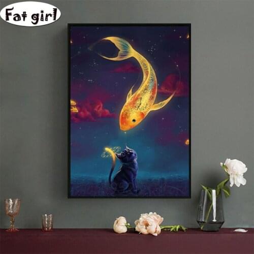 DIY Square round Diamond Painting 5D Cat and Fortune Koi Diamond Embroidery mosaic animal Complete Kit Home Decor Accessories