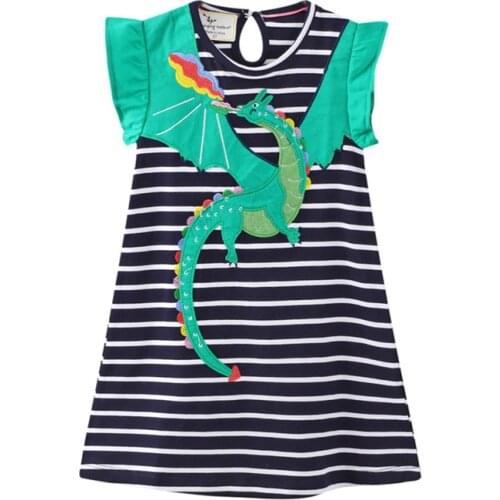 Jumping Meters Summer Princess Girls Dresses Flying Dragon Applique Cute Childrens Clothes Sleeveless Stripe Baby Party Dress