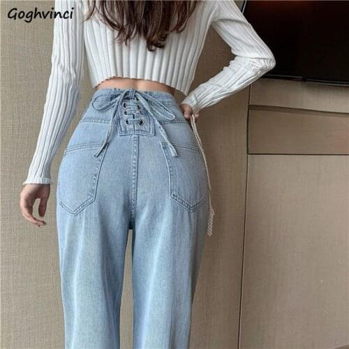 Jeans Women Denim Full-length Lace-up High Waist Ulzzang Chic Students Tender Ladies Cute Girls Fashion Stylish Pockets Straight