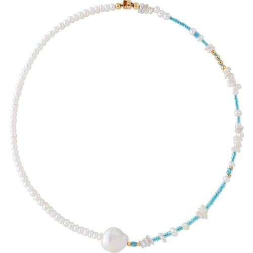 Handade puka sea natural shell Freshwater baroque pearl chips blue glass beads PACIFIC NECKLACE women bohemian jewelry chokers