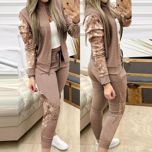 Autumn Winter Two Piece Outfits for Women Fashion Sequins Zipper Coat Tops Drawstring Pants Set Casual Tracksuit Sweat Suits