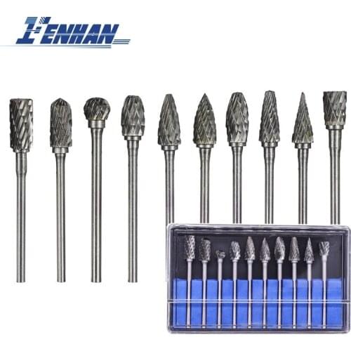Rotary Burrs Set 10pcs 3mm Shank Routing Router Drill Bits Tungsten Carbide Milling Cutter Double Cut Rotary Files