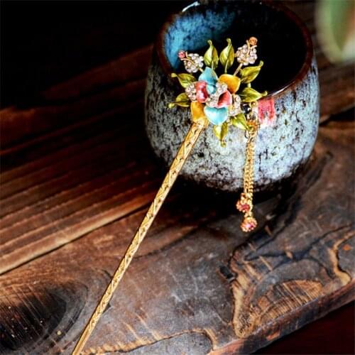 Charm Women Handmade Rhinestone Crystal Hair Sticks Pin Girls Chinese Style Hair Jewelry Colorful Enamel Rose Flowers Hairpin