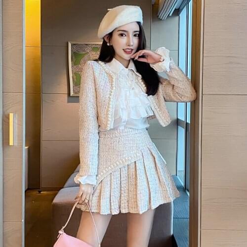 Autumn And Winter New Womens 3-piece Set Of Net Red Ruffled Shirt + Fashionable Pearl Jacket + Mini Pleated Skirt Suit