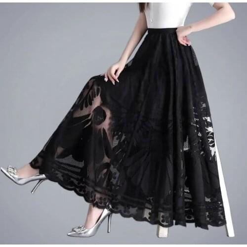 Elastic High Waist Lace Skirts Women Spring Summer Skirt 2021 Korean Elegant Casual A-line Black Blue Red Long Maxi Skirts W2362
