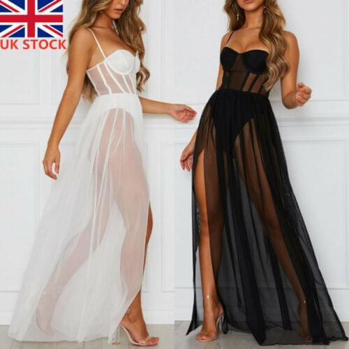 Womens Dress Summer Volie Sundress Sexy See Through Black Perspective Mesh Gauze Sleeveless Backless Party Long Maxi Dress Girls