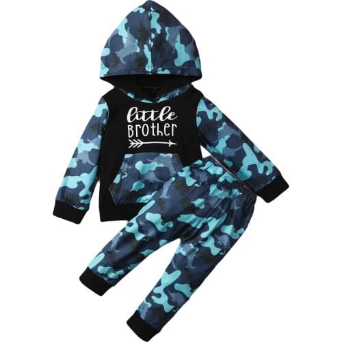 2Pcs Baby Autumn Tracksuit Letters Hooded Long Sleeves Tops + Camouflage Casual Pants for Toddler Boys 6 Months to 4 Years