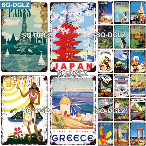 [SQ-DGLZ]Japan City Metal Sign Vintage Plaque Wall Decor For Pub Bar Country Plate Tin Sign Travel Hawaii/Paris/Greece Poster