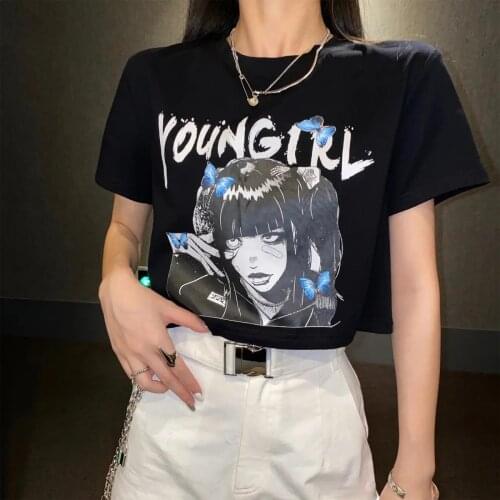 Punk Vintage Short-sleeved T-shirt women summer y2k tops Black Harajuku Tshirt Streetwear Cartoon Amine aesthetic Tshirt