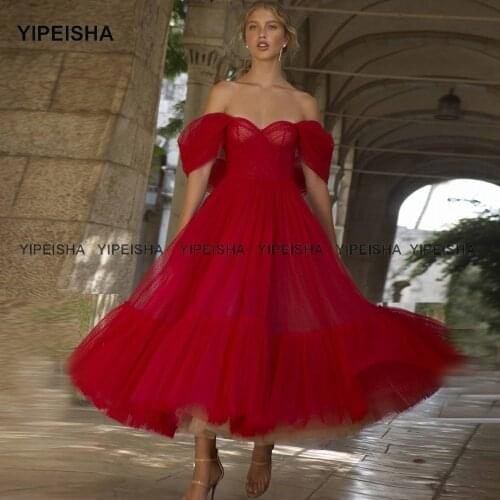 Yipeisha Vintage Tea-length Party Dresses Robe de Cocktail Off-shoulder A line Short Prom Gown Red Graduation Dress Plus Size