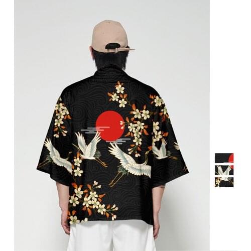 Japanese Batwing Sleeve Haori Yukata Kimono Summer kimono Cardigan men Streetwear 3D t shirt Crane Sushi samurai costume Kimono