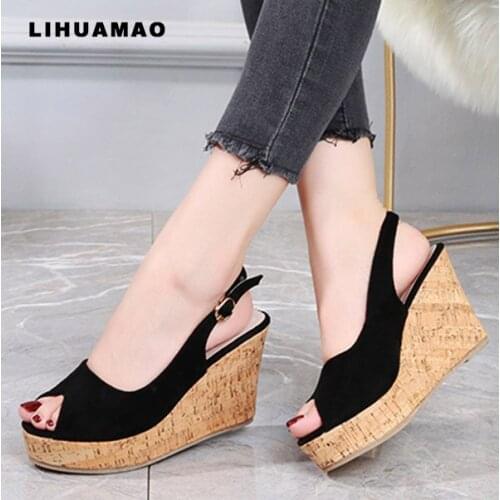 LIHUAMAO Suede Wedges platform peep toe ankle strap sandals comfortable casual beach sandals high heel pumps party wedding shoes