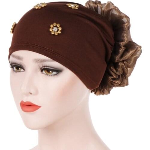 Pearl Rhinestones Head Beanie Women Milk Cotton India Hat Summer Flower Muslim Hat for Lady Fashion Cancer Chemo Hats