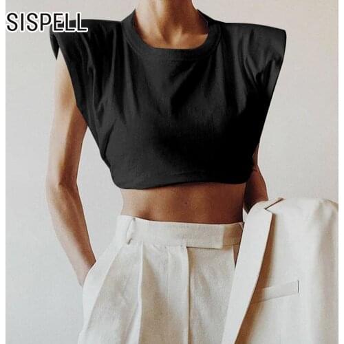 SISPELL Casual Solid Color For Female Crop Tops O Neck With Shoulder Pad Sleeveless Loose Womens Shirts 2020 Fashion New