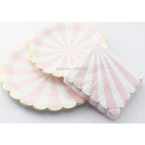 Scalloped Gold Foil Edge Paper Plates,Party Paper Dinner Napkins, Dusty Pink and White Striped Wedding Shower Tableware
