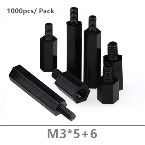 1000pcs Black Nylon Spacer M3*5+6 Hex Nylon standoff spacers M3x5+6mm for PCB board Fix theaded pillars