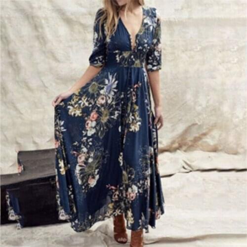 2021 Fashion Puff Sleeve V-neck Temperament Vintage Floral Dress Split Fork Maxi Dress Summer Short Sleeve Beach Sundress