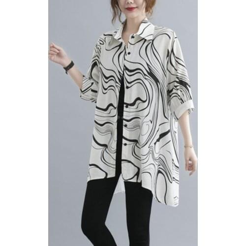 #2995 White Yellow Print Shirt Women Cotton Loose Asymmetrical Blouse Shirt Loose Casual Mid-length Shirts Women Big Size Summer