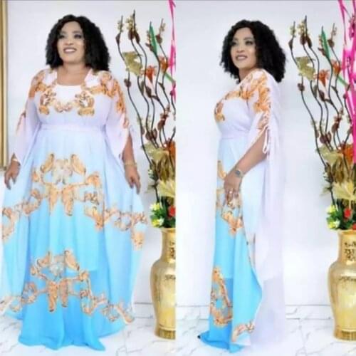 African Dresses For Women 2020 Autumn Sky-blue Africa Clothing Muslim Long Maxi Dress High Quality Fashion Chiffon Dress Lady