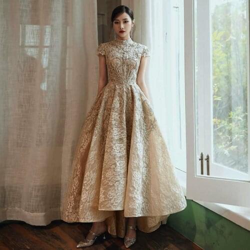Wearing Asymmetric Evening Dress Gold High Collar 2019 Short Sleeve Lace Dress Evening Dress