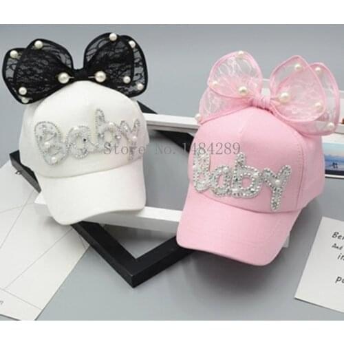 Cute Big Bow Girls Snapback Baseball Cap Children Mesh Cap Spring Summer Adjustable Snapback Casquette Kids Baby Hat with Pearls