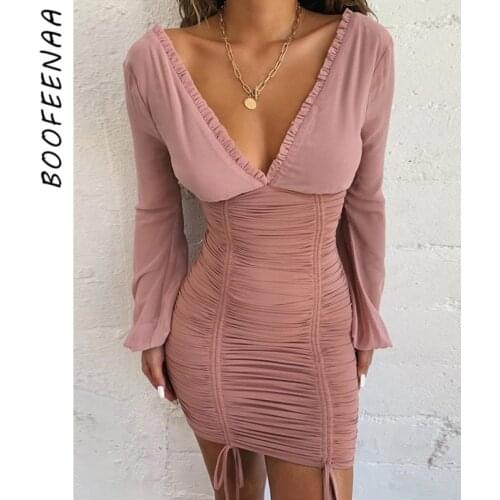 BOOFEENAA 2019 Fall Fashion Sexy Party Night Club Dress Women Ruffle Ruched V Neck Backless Long Sleeve Bodycon Dresses C83-AC44
