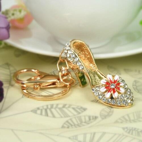 Hot Flower Shoes High-heeled Car Handbag Keyring Fashion Jewelry Women Rhinestone Crystal Charm Key Bag Chain Christmas Gift