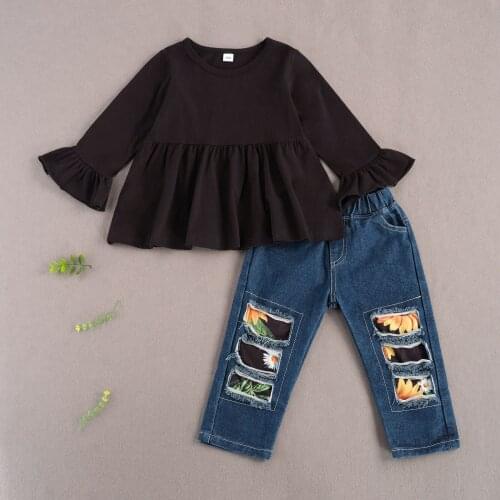 Children Girls New Fashion Clothing A-Line Tops And Denim Pant Baby Girls Clothes Sets Long Sleeve O-Neck T-shirts Kids Jeans