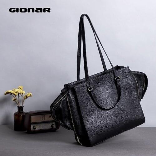 GIONAR Black Leather Tote Handbag Women Top-handle Bag Purse for Work Sofe Genuine Real Cowhide Leather Summer Shoulder Bag 2020