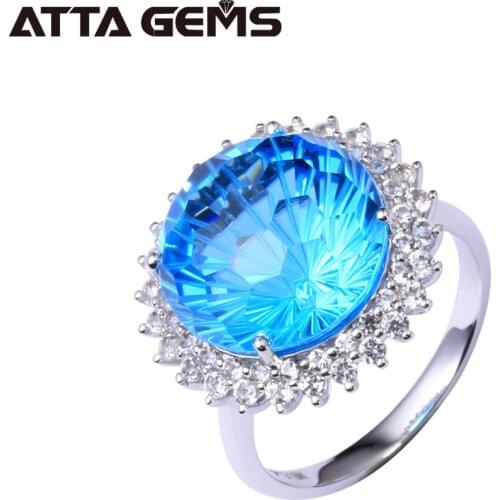 Natural Blue Topaz Real 18 White Gold Ring 12 Carats Natural Blue Topaz Firework Cutting Real Diamond Top Quality Ring