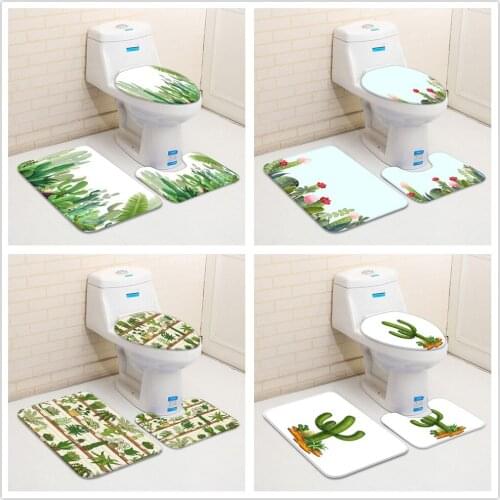 Desert Flowers Bath Rugs Cartoons Green Plant Cactus 3 Piecet Toilet Cover Non Slip Mat Toilet Seat Accessories Bathroom Decor