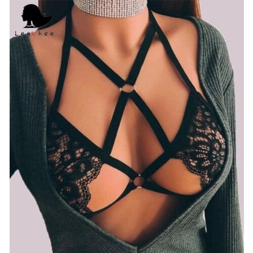 Leechee Sexy Black Bandage Erotic Lingerie Women Three-point Lace Strap Halterneck Bra See-Through Hole Hollow Out Underwear