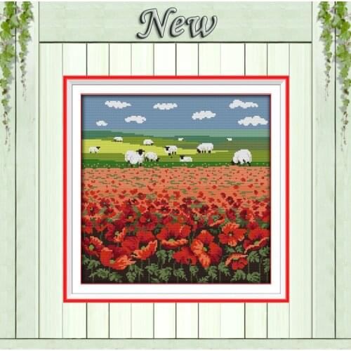 Poppy and sheep,Pattern Printed on the canvas DMC 11CT 14CT Cross Stitch kit,needlework Set embroidering,Farm scenery Home Decor