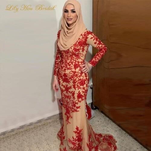 Muslim Evening Dress Women Formal Gown Jewel Neck Long Sleeves Red and Champagne Lace Appliques Mermaid Dresses Sweep Train